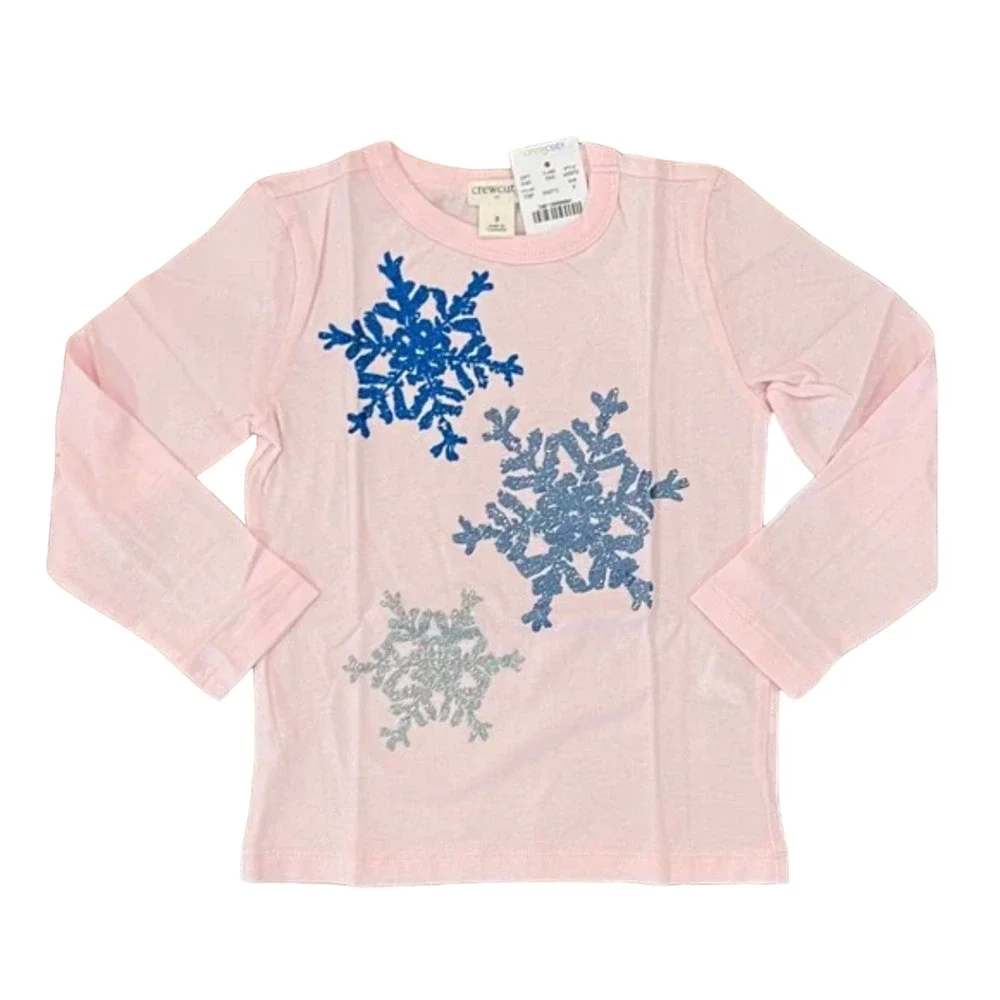 **NWT J. Crew Girls' Pink W/Blue & Silver Glitter Snowflakes Graphic Tee